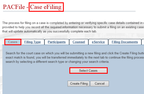 The Select Cases button in the Cases tab of the Case Filing Wizard.